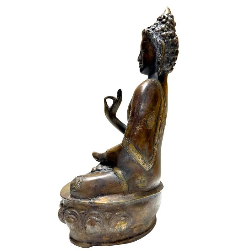 Antike Buddha-Statue aus dem Himalaya, Bronze mit Spuren von 24k Feuervergoldung, Vitarka Mudra, 28,5 cm Höhe, 3,8 kg massiv, Newar-Stil, 18.-19. Jahrhundert, Lot 429.
