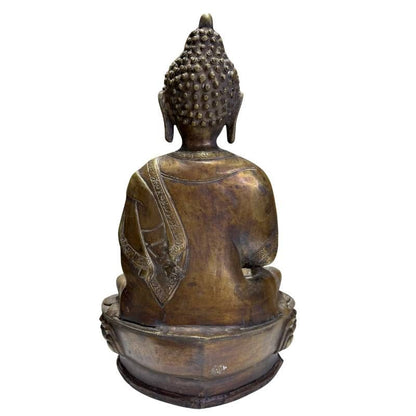 Antiker Medizin-Buddha aus Bronze auf doppelter Lotusbasis, Himalaya-Stil, 38,5 cm Höhe, 5,3 kg massiv, 18.-19. Jahrhundert, detailreiche Gravuren, Lot 430