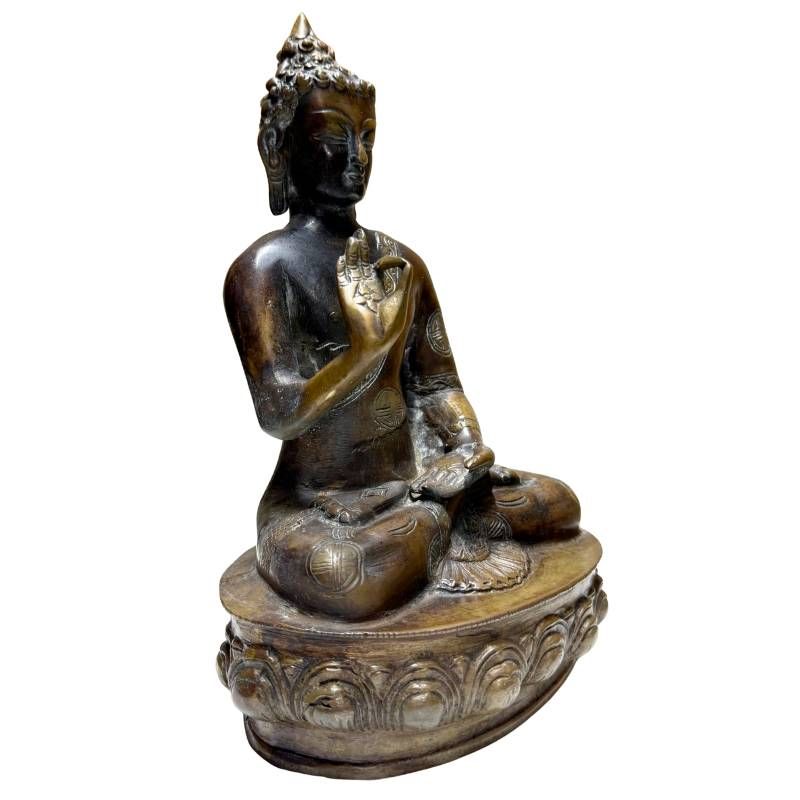 Seitenansicht einer antiken nepalesischen Buddha-Statue, Vitarka Mudra, schwere Bronze mit 24k Goldspuren, 28,5 cm Höhe, Newar-Stil, 18.-19. Jahrhundert, Lot 429.