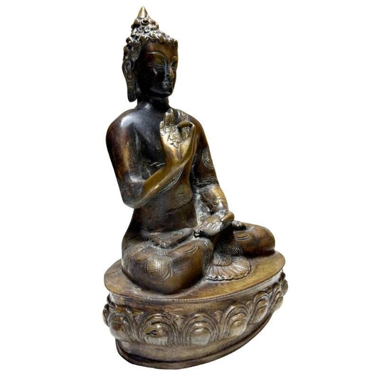 Seitenansicht einer antiken nepalesischen Buddha-Statue, Vitarka Mudra, schwere Bronze mit 24k Goldspuren, 28,5 cm Höhe, Newar-Stil, 18.-19. Jahrhundert, Lot 429.