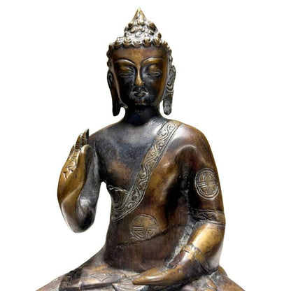 Antikes Himalaya-Objekt: Buddha-Statue aus Bronze mit 24k Goldspuren, Vitarka Mudra, 28,5 cm hoch, 3,8 kg schwer, 18.-19. Jahrhundert, Nepal Newar-Guss, Lot 429.