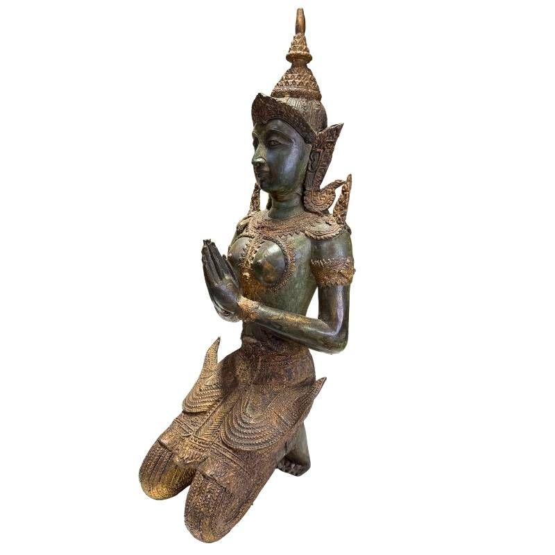 Antike thailändische Tempelwächter aus Bronze, 19. Jahrhundert, 56 cm hoch, 15 kg Set, Reste originaler Feuervergoldung auf dunkler Edelpatina, Lot 433, 1stbuddha.