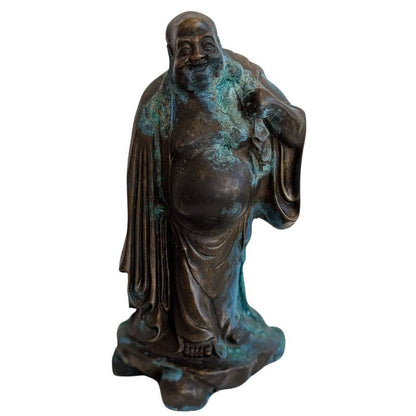 Budai Statue aus China Bronze mit Patina und Resten von Feuervergoldung lachender Buddha Figur