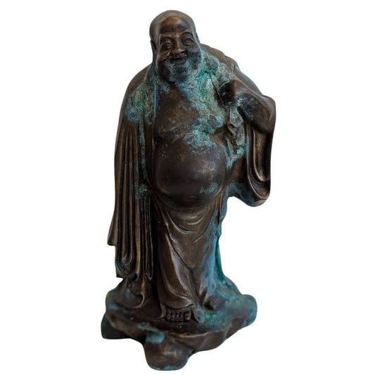 Budai Statue aus China Bronze mit Patina und Resten von Feuervergoldung lachender Buddha Figur