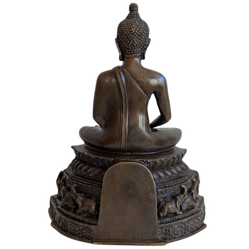 Buddha Bronze Meditation sitzend mit Elefanten Sockel ruhige Skulptur