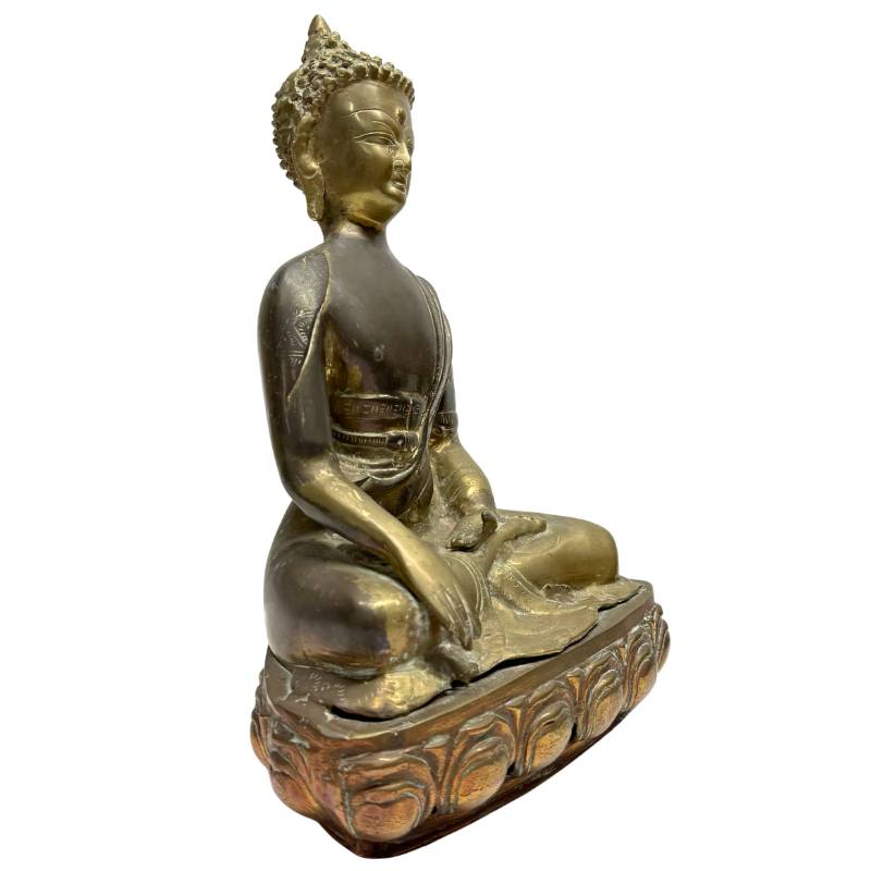 Buddha Bronze Statue sino tibetisch Bhumisparsha Mudra mit alter Patina