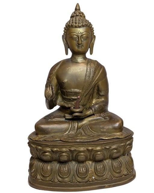 Buddha Bronze Tibet mit Resten von Feuervergoldung