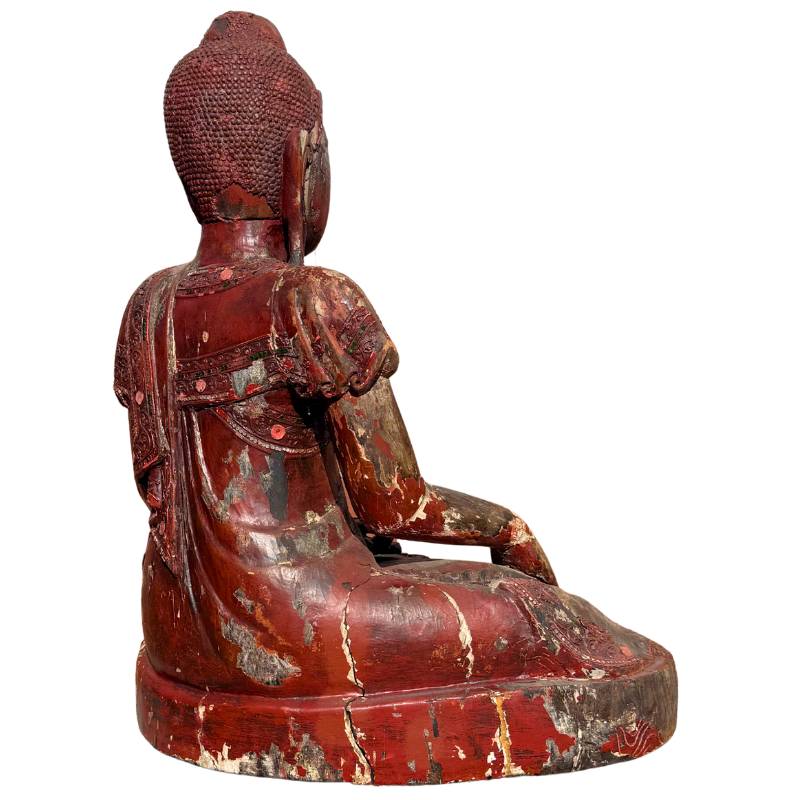 Buddha Holzstatue aus Burma mit Resten von Lack
