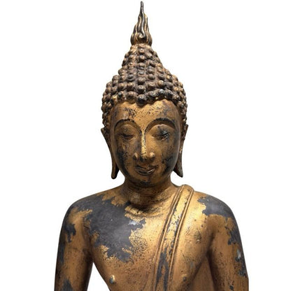 Antike Buddha-Statue aus Thailand, massive Bronze mit Restvergoldung und dunkler Patina, 59 cm Höhe, 18,4 kg schwer