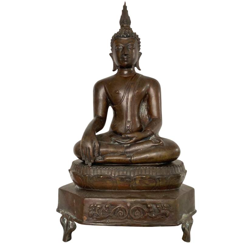 Thailändische Buddha-Statue aus Bronze auf Tempelbasis in Bhumisparsha-Mudra
