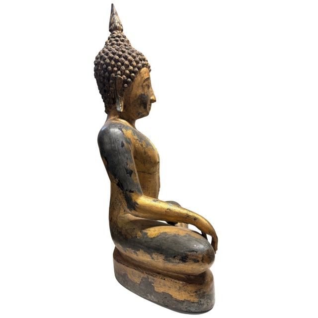 Antike Buddha-Statue aus Thailand, massive Bronze mit Restvergoldung, 59 cm Höhe, 18,4 kg schwer, 19. Jahrhundert