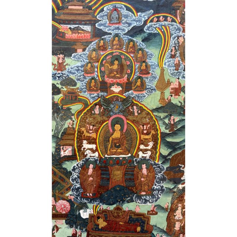 Erzählendes Buddha-Thangka aus Nepal, handgemalte Szenen aus Buddhas Leben, authentische Patina auf Stoff, 1stbuddha.