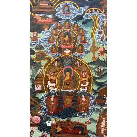 Erzählendes Buddha-Thangka aus Nepal, handgemalte Szenen aus Buddhas Leben, authentische Patina auf Stoff, 1stbuddha.