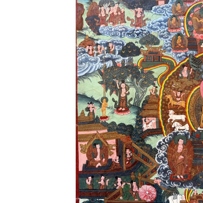 Handgemaltes Buddha-Thangka aus Nepal, Szenen aus dem Leben Buddhas, Pigment auf Stoff mit ritueller Patina, 1stbuddha.