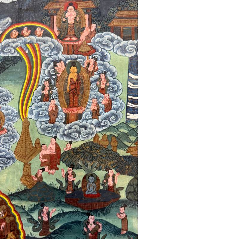 Erzählendes Buddha-Thangka aus Nepal, Szenen aus dem Leben Shakyamunis, handgemalt mit ritueller Patina, 1stbuddha.