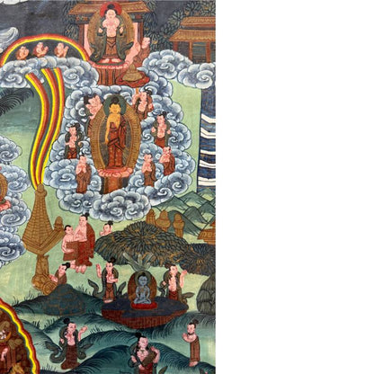 Erzählendes Buddha-Thangka aus Nepal, Szenen aus dem Leben Shakyamunis, handgemalt mit ritueller Patina, 1stbuddha.