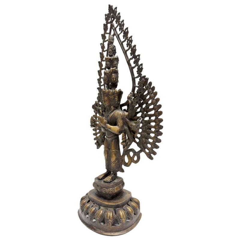 Große buddhistische Avalokiteshvara Skulptur aus dem Himalaya, 49 cm Bronze, Lot 461, 4,2 kg, Sahasrabhuja Lokeshvara mit 11 Köpfen und originalen Feuervergoldungsresten, 1stbuddha.