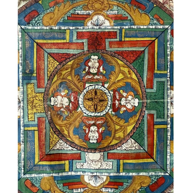 Buddhistische Thangka aus Nepal, devotionale Mandala-Malerei auf Stoff mit Exportstempel und Wachssiegel, vor 1970 gefertigt, 1stbuddha.