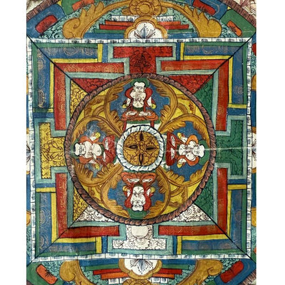 Buddhistische Thangka aus Nepal, devotionale Mandala-Malerei auf Stoff mit Exportstempel und Wachssiegel, vor 1970 gefertigt, 1stbuddha.