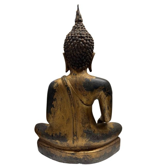Buddhistisches Bildnis aus Thailand, sitzender Buddha aus massiver Bronze mit Restvergoldung, 59 cm Höhe, 18,4 kg, 19. Jahrhundert