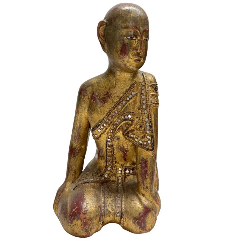Antike burmesische Mönchs-Statue aus vergoldetem Holz, Shan-Region Myanmar