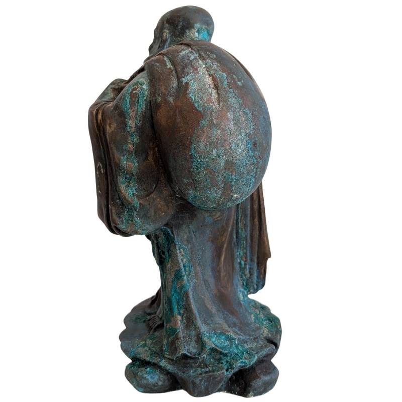 Budai China Bronze Figur kompakt mit Patina und ruhiger Ausstrahlung lachender Buddha