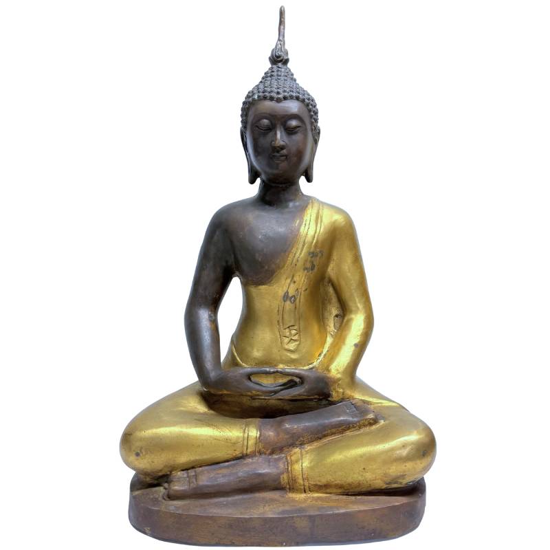 Monumentaler chinesischer Bronze-Buddha, Yongle-Stil-Revival, Meditationshaltung, 48,5 cm hoch, 7,6 kg schwere Bronze, Lot 446 bei 1stbuddha, Spuren von Feuervergoldung, frühes 20. Jahrhundert, buddhistische Tempelkunst.