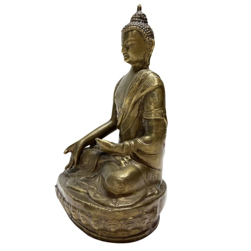 Chinesische Antiquität: Buddha-Statue aus Bronze in Meditationshaltung, Lot 458, späte Qing-Dynastie, 20 cm hoch, mit Shou-Symbolen für langes Leben, authentische dunkle Patina, 1stbuddha.