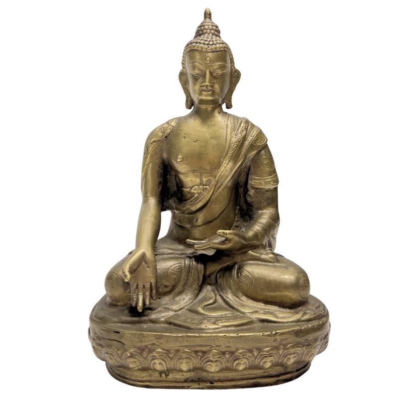 Antiker chinesischer Bronze-Buddha der späten Qing-Periode, Lot 458, 20 cm hoch, mit Shou-Symbolen für Langlebigkeit im Gewand, natürliche dunkle Edelpatina, 1,3 kg schwer, 1stbuddha.