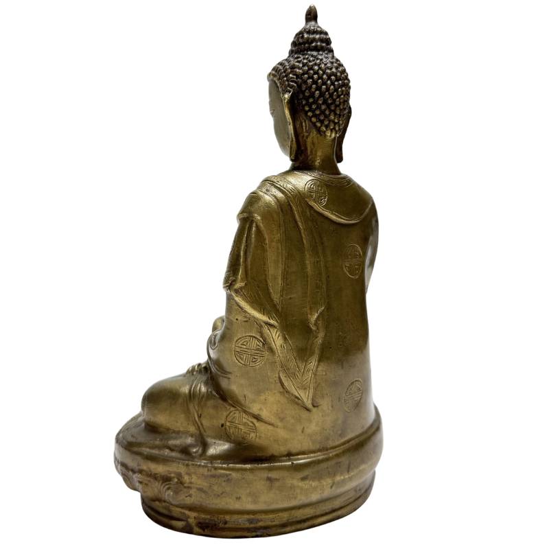 Antiker chinesischer Bronze-Buddha in Meditationshaltung mit natürlich gewachsener dunkler Patina, Lot 458, späte Qing-Dynastie, 20 cm hoch, Gewand mit Shou-Symbolen verziert, 1,3 kg, 1stbuddha.