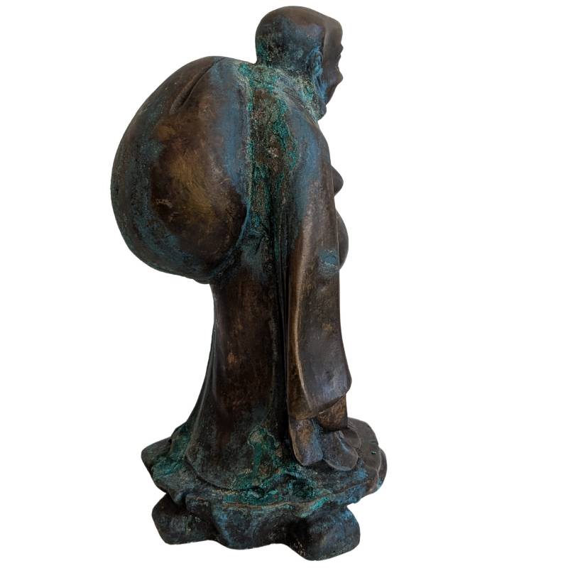 Chinesischer Budai Bronze Statue mit Resten von Feuervergoldung und natürlicher Patina