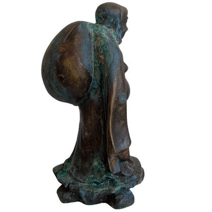 Chinesischer Budai Bronze Statue mit Resten von Feuervergoldung und natürlicher Patina