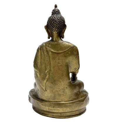 Detailansicht der Shou-Medaillons auf dem Gewand eines antiken chinesischen Bronze-Buddhas, Lot 458, späte Qing-Dynastie, Symbol für Langlebigkeit, authentische Patina, 1stbuddha.