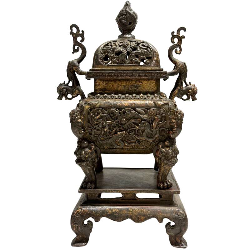 Großer chinesischer Messing-Räucherbrenner mit Drachen-Sockel, 29,5 cm hoch.