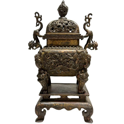Großer chinesischer Messing-Räucherbrenner mit Drachen-Sockel, 29,5 cm hoch.