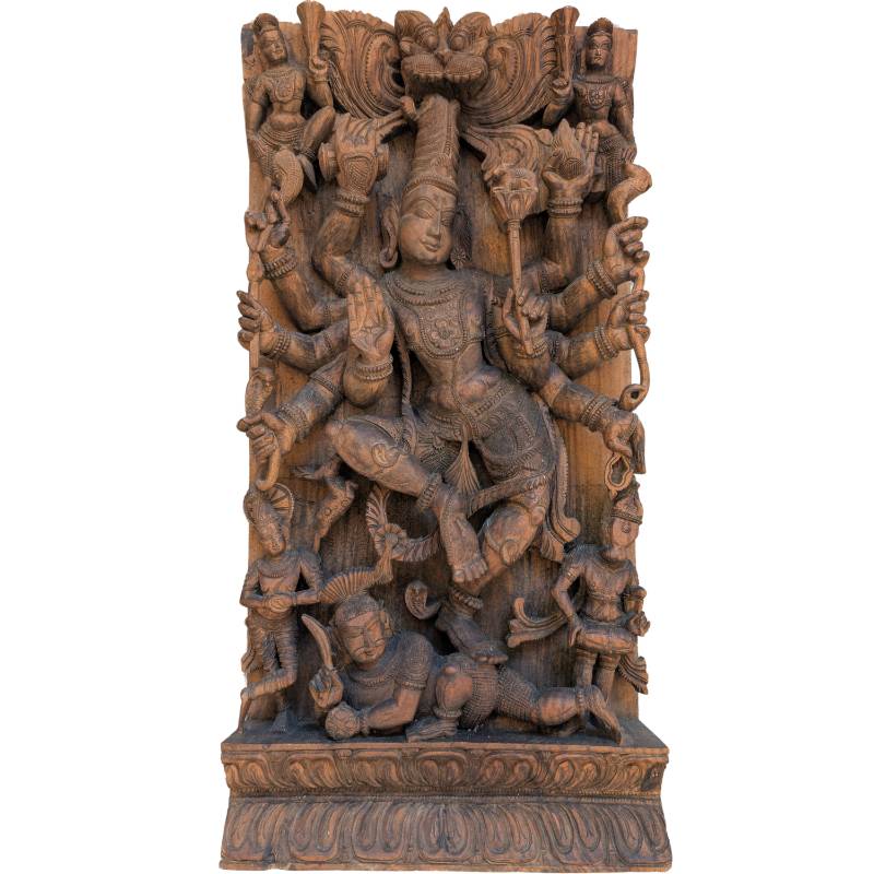 Durga Mahishasura Holzpaneel – Südindien Tempelrelief | 1stBuddha