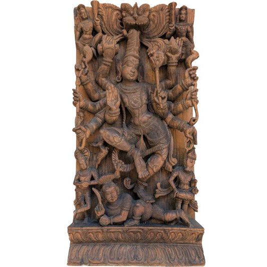 Durga Mahishasura Holzpaneel – Südindien Tempelrelief | 1stBuddha