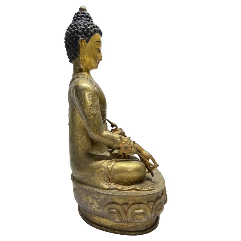 Antiker Medizin-Buddha aus feuervergoldeter Bronze, Lot 459, 33,5 cm, mit seltener originaler Polychromie (Bemalung) im Gesicht und auf dem Gewand, 3,4 kg massive Himalaya-Bronze, 1stbuddha.