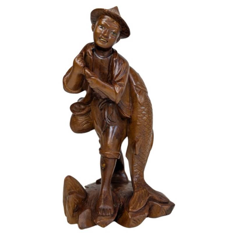 Fischer Figur Holz China mit Karpfen Volkskunst