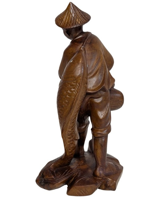 Fischer Skulptur Holz China mit Karpfen Symbolik