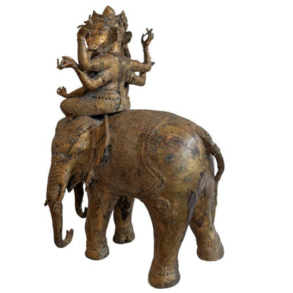 Ganesha Statue aus Bronze aus Nepal mit drei Gesichtern, Vergoldung und Patina