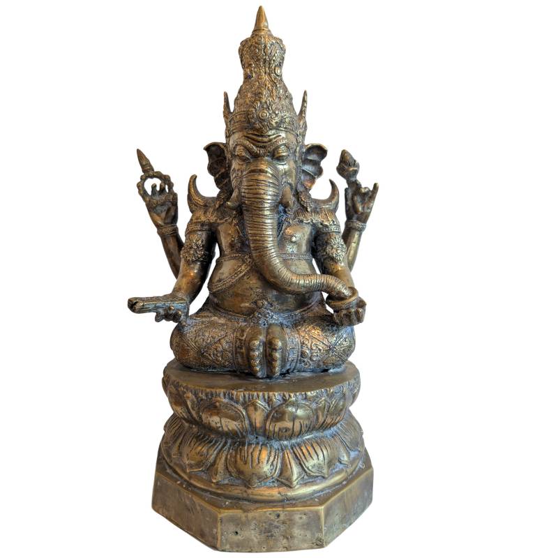 Antike Ganesha-Statue aus feuervergoldeter Bronze mit seltener Buddha-Figur in der Krone, Newar-Stil, Nepal, 17./18. Jahrhundert, schwere Qualität 6,8 kg – Lot 152.