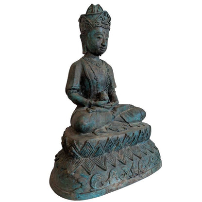 Antike Statue eines gekrönten Avalokiteshvara in der Khmer-Tradition, massive Bronze mit Kundika-Gefäß und Buddha-Figur in der Krone, Lot 150.