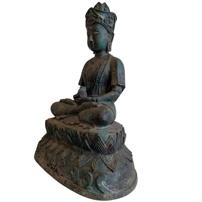 Antike Bronzestatue eines gekrönten Bodhisattva (Avalokiteshvara) aus Südostasien mit ritueller Kundika und Buddha-Krone, massive Qualität, Lot 150.