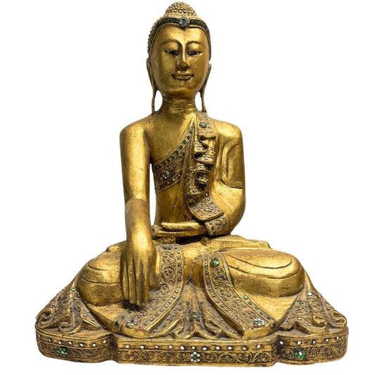 Große antike Mandalay-Buddha Statue aus vergoldetem Hartholz, 50,5 cm hoch.