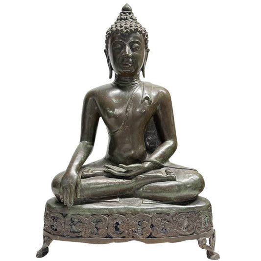 Große antike thailändische Buddha-Statue aus massiver Bronze, 52 cm hoch.