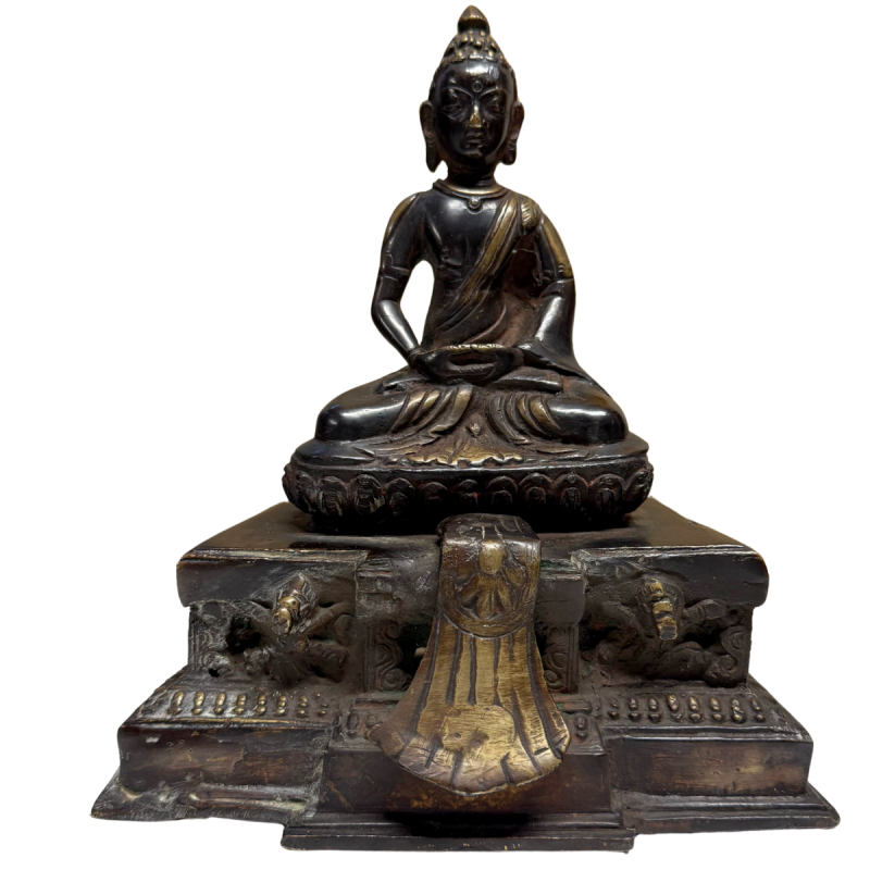 Antikes feuervergoldetes Tempelbildnis eines Shakyamuni Buddha, Himalaya, 17.-18. Jahrhundert, massive Bronze (5,4 kg) mit kunstvoller Aureole