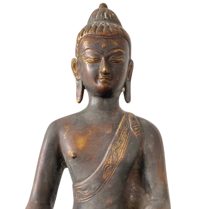 Antiker Himalaya-Bronze-Buddha mit einem reich verzierten, erzählenden Thron