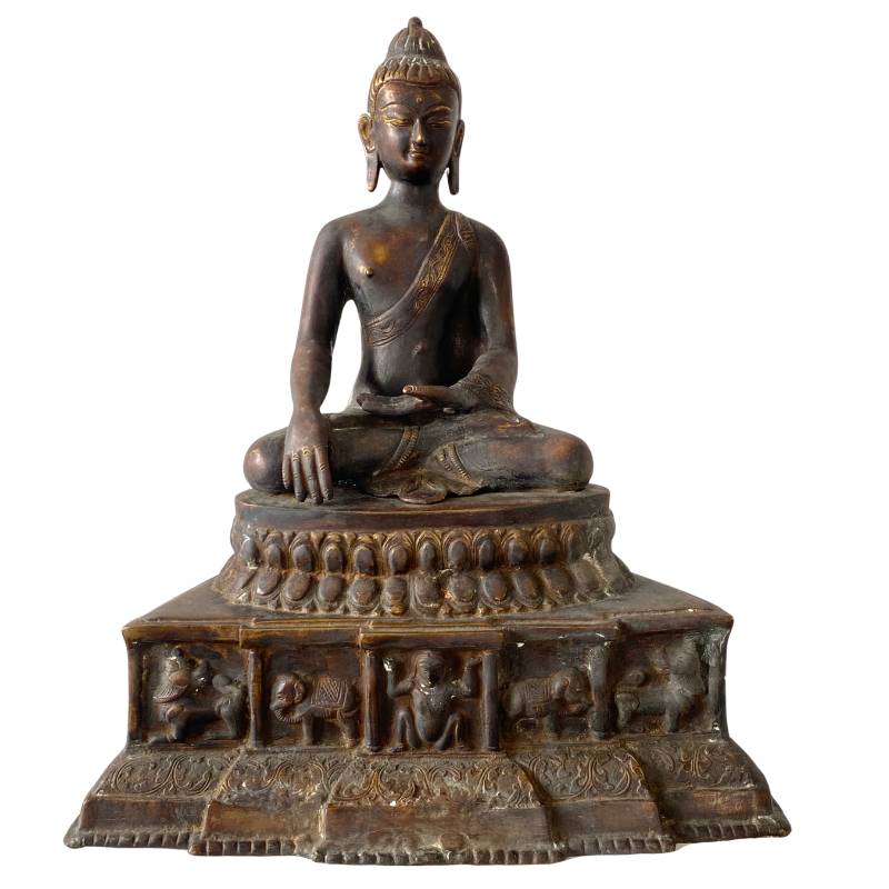 Himalaya-Bronze-Buddha mit erzählendem Thron, tiefer Patina und Feuervergoldung