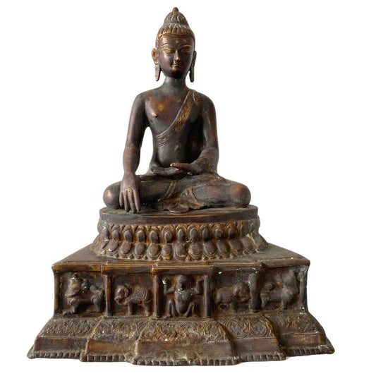 Himalaya-Bronze-Buddha mit erzählendem Thron, tiefer Patina und Feuervergoldung